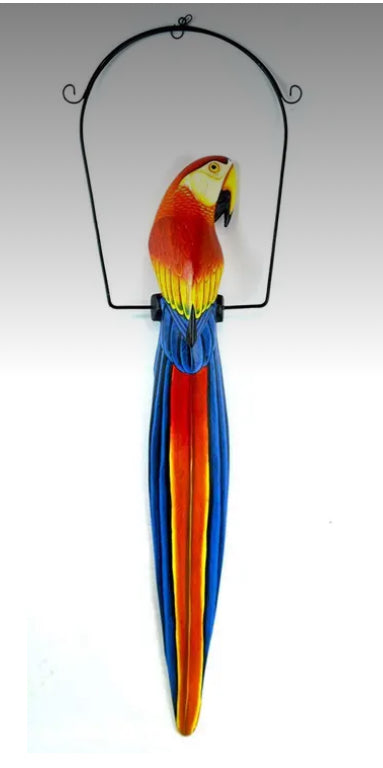 40” Wood Carved Parrot On Perch