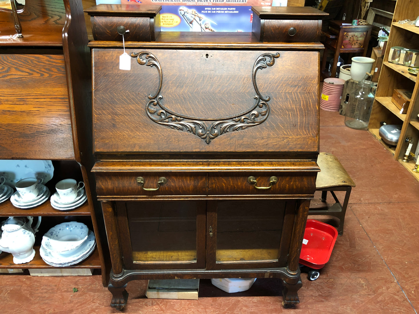 Oak Slant Top Desk w/Glass Doors
