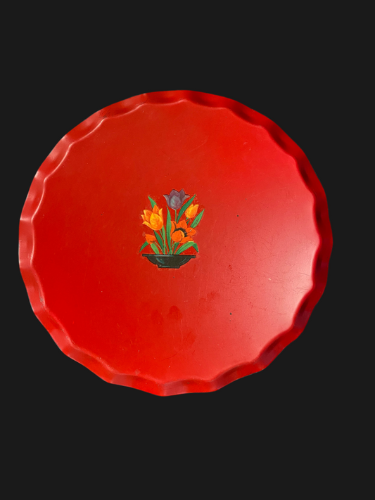 Red Serving Tray w/Painted Flowers