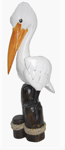 Wood Hand Carved Pelican On Post
